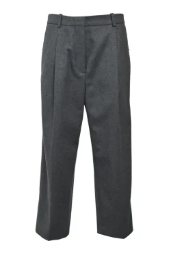Charcoal wool-blend flannel pull-on high-rise slouchy straight leg trousers