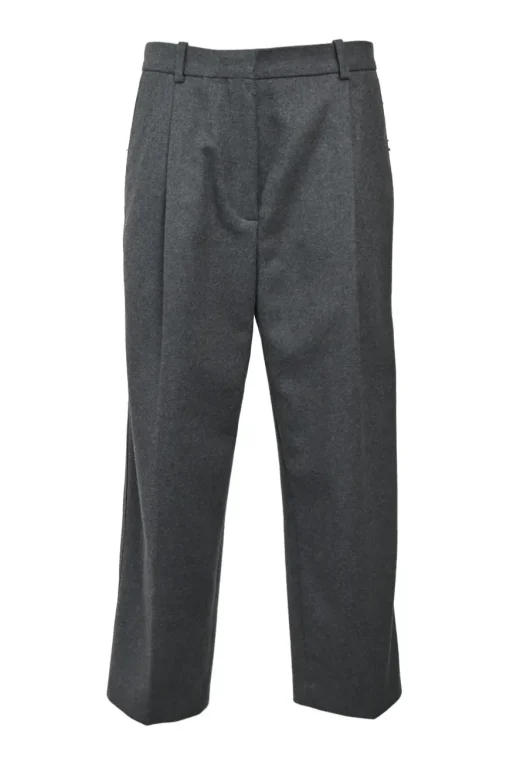 Charcoal wool-blend flannel pull-on high-rise slouchy straight leg trousers