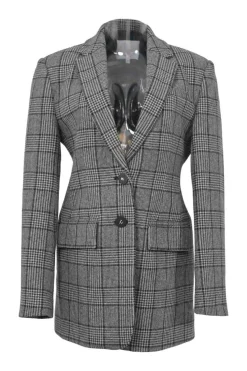 Charcoal wool-blend Glen check tweed notch lapel tailored jacket and mini skirt two-piece suit set