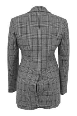 Charcoal wool-blend Glen check tweed notch lapel tailored jacket and mini skirt two-piece suit set
