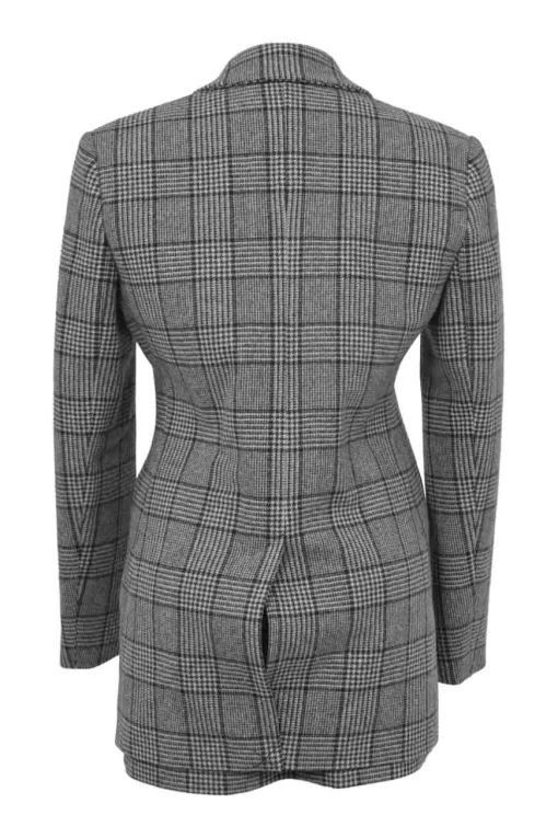 Charcoal wool-blend Glen check tweed notch lapel tailored jacket and mini skirt two-piece suit set