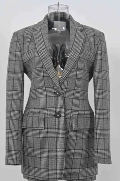Charcoal wool-blend Glen check tweed notch lapel tailored jacket and mini skirt two-piece suit set