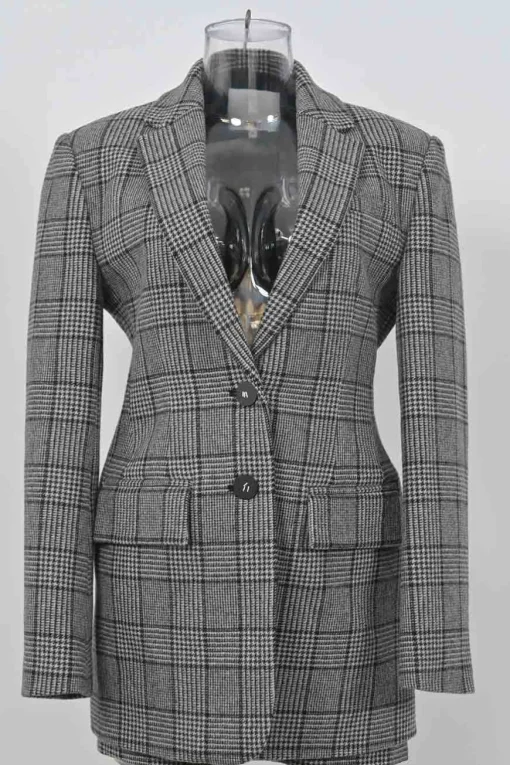 Charcoal wool-blend Glen check tweed notch lapel tailored jacket and mini skirt two-piece suit set