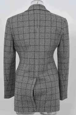 Charcoal wool-blend Glen check tweed notch lapel tailored jacket and mini skirt two-piece suit set
