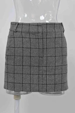 Charcoal wool-blend Glen check tweed notch lapel tailored jacket and mini skirt two-piece suit set