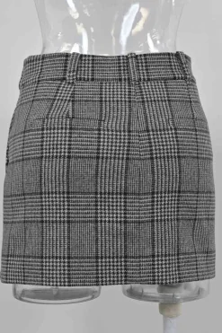 Charcoal wool-blend Glen check tweed notch lapel tailored jacket and mini skirt two-piece suit set