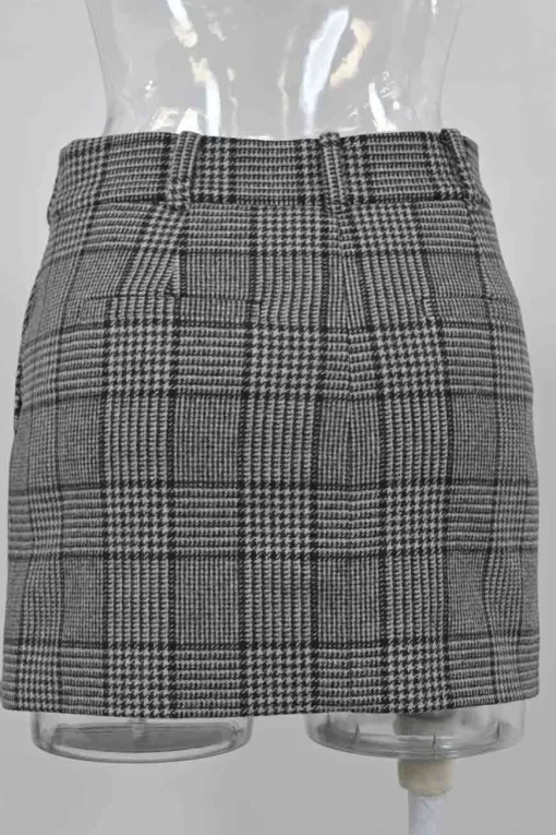 Charcoal wool-blend Glen check tweed notch lapel tailored jacket and mini skirt two-piece suit set