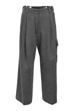 Charcoal wool-blend pleat-front tailored trousers with cargo pocket