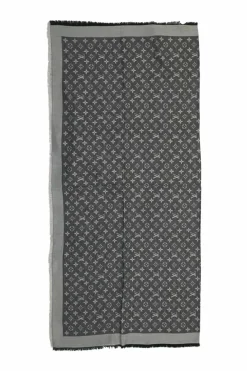 Charcoal wool-silk blend monogram jacquard fringe shawl