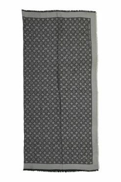 Charcoal wool-silk blend monogram jacquard fringe shawl