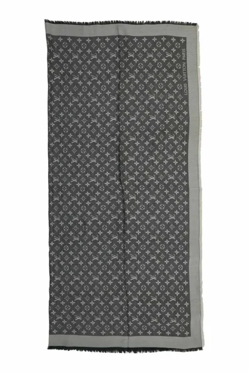 Charcoal wool-silk blend monogram jacquard fringe shawl