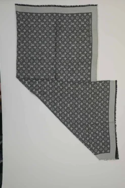 Charcoal wool-silk blend monogram jacquard fringe shawl
