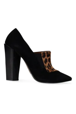 Cheetah patterned calf hair and suede pointy toe pumps with wooden heels
