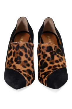 Cheetah patterned calf hair and suede pointy toe pumps with wooden heels