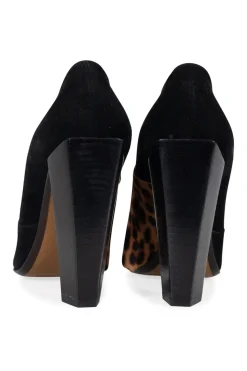 Cheetah patterned calf hair and suede pointy toe pumps with wooden heels