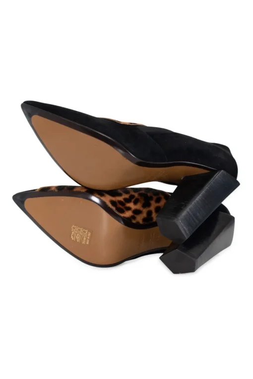 Cheetah patterned calf hair and suede pointy toe pumps with wooden heels