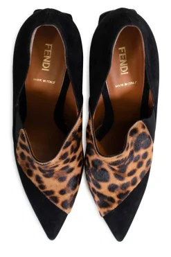 Cheetah patterned calf hair and suede pointy toe pumps with wooden heels