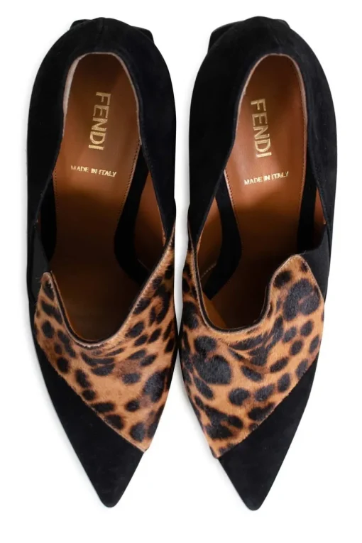 Cheetah patterned calf hair and suede pointy toe pumps with wooden heels