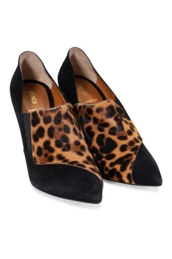 Cheetah patterned calf hair and suede pointy toe pumps with wooden heels