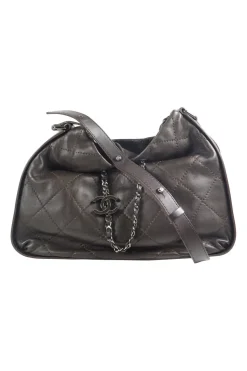 Classic quilted bronze leather shoulder bag with silver CC logo
