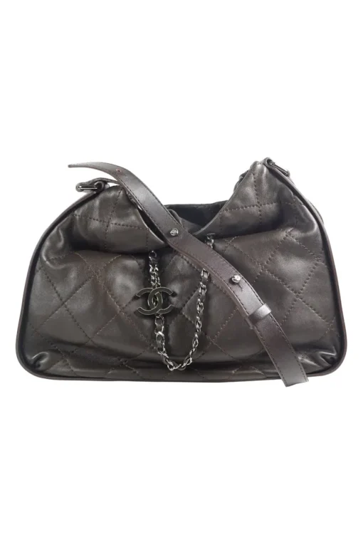 Classic quilted bronze leather shoulder bag with silver CC logo