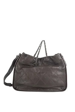 Classic quilted bronze leather shoulder bag with silver CC logo