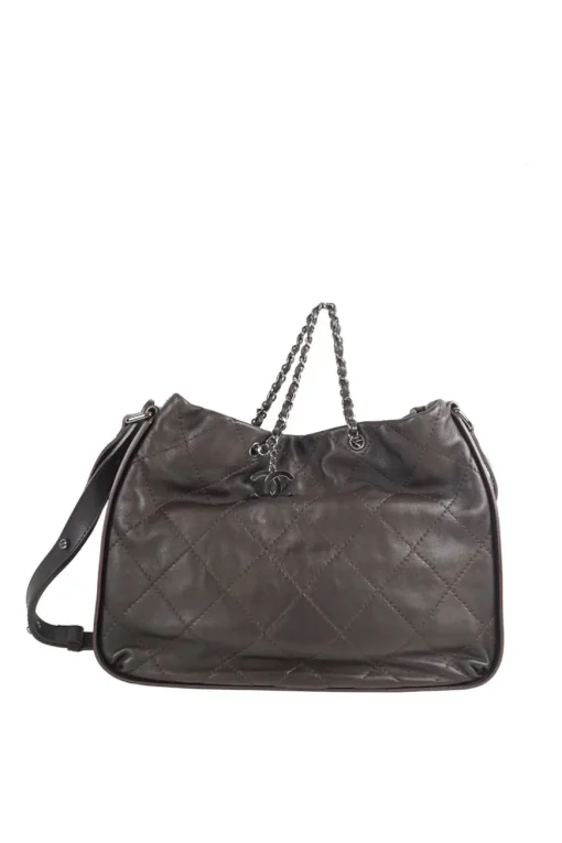 Classic quilted bronze leather shoulder bag with silver CC logo
