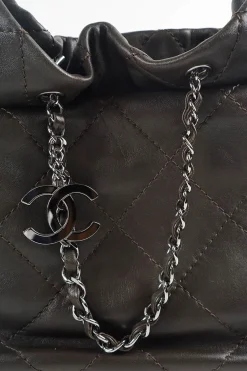 Classic quilted bronze leather shoulder bag with silver CC logo