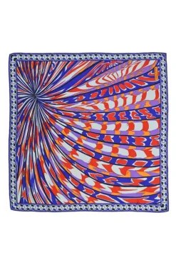 Cobalt blue and orange silk graphic abstract print scarf