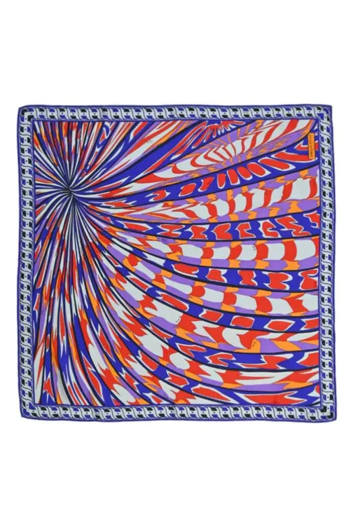 Cobalt blue and orange silk graphic abstract print scarf