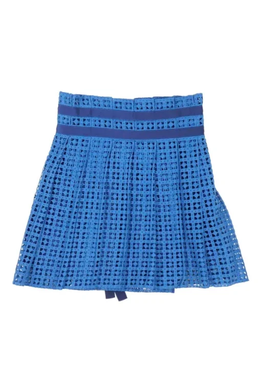 Cobalt blue cotton-blend broderie anglaise apron-style wrap-front mini peekaboo skirt