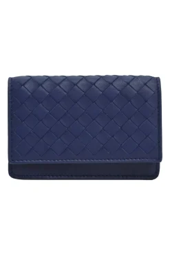 Cobalt blue intrecciato nappa leather accordion wallet with concealed snap closure