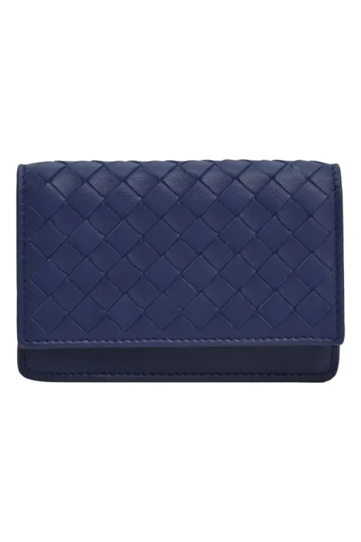 Cobalt blue intrecciato nappa leather accordion wallet with concealed snap closure
