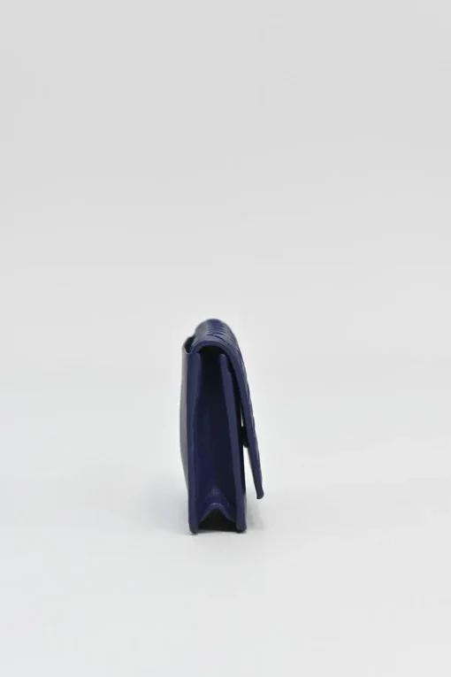 Cobalt blue intrecciato nappa leather accordion wallet with concealed snap closure
