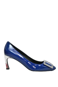 Cobalt blue patent leather limited-edition Trompette buckle pumps with mirrored signature comma heels