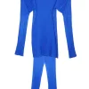 Cobalt blue polyester plissé pullover dolman sleeve top and pants set