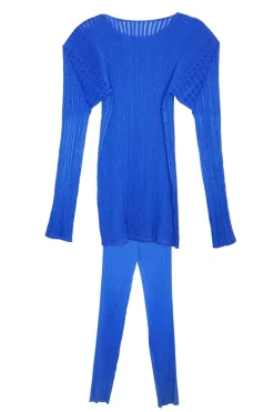 Cobalt blue polyester plissé pullover dolman sleeve top and pants set
