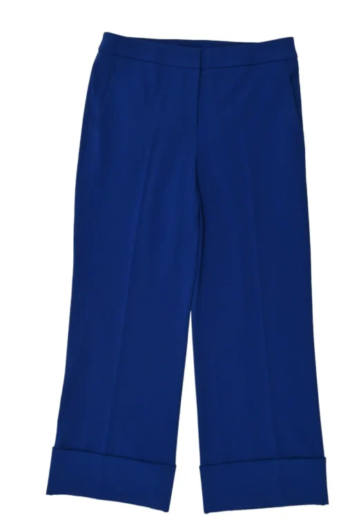 Cobalt blue polyester-blend wide-leg tailored trousers with turn-up hem