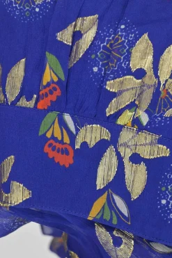Cobalt blue silk-blend metallic floral fil-coupé midi A-line circle skirt
