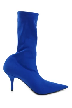 Cobalt blue spandex technical knit and leather signature pull-on pointed toe knife boots