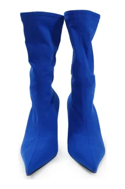 Cobalt blue spandex technical knit and leather signature pull-on pointed toe knife boots