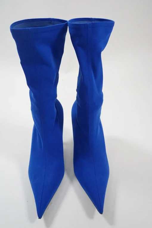 Cobalt blue spandex technical knit and leather signature pull-on pointed toe knife boots