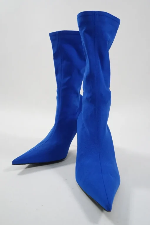 Cobalt blue spandex technical knit and leather signature pull-on pointed toe knife boots