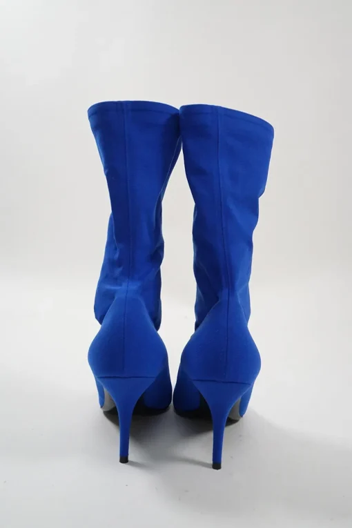 Cobalt blue spandex technical knit and leather signature pull-on pointed toe knife boots