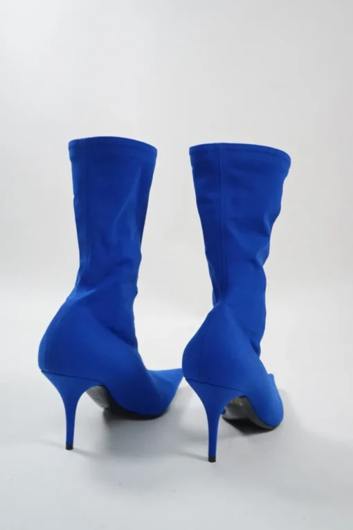 Cobalt blue spandex technical knit and leather signature pull-on pointed toe knife boots