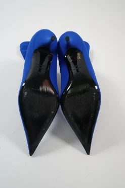 Cobalt blue spandex technical knit and leather signature pull-on pointed toe knife boots