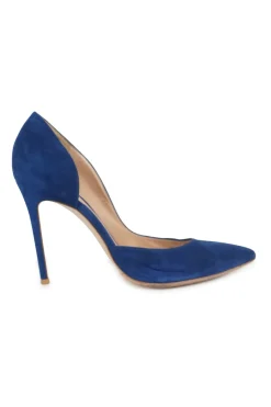 Cobalt blue suede and leather half D'Orsay pointed toe stiletto heeled pumps