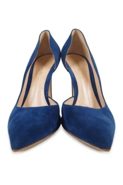 Cobalt blue suede and leather half D'Orsay pointed toe stiletto heeled pumps