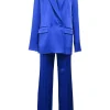 Cobalt blue triacetate-blend satin two-piece suit set featuring peak lapel tailored jacket and wide-leg trousers