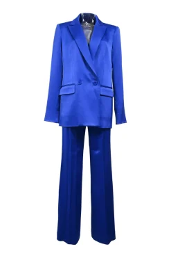 Cobalt blue triacetate-blend satin two-piece suit set featuring peak lapel tailored jacket and wide-leg trousers